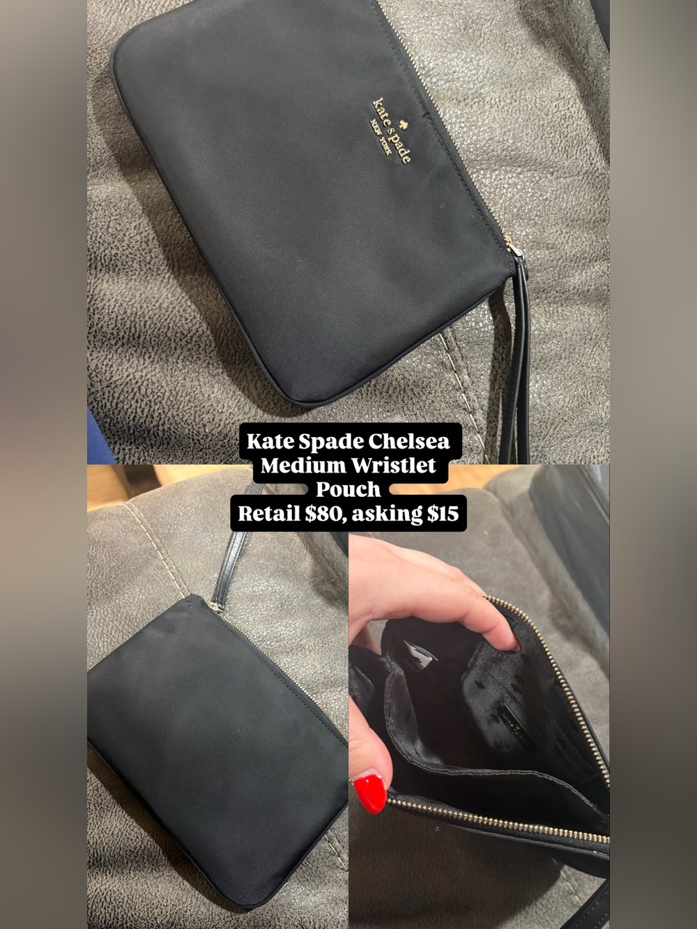 kate spade black wristlet pouch with gold logo